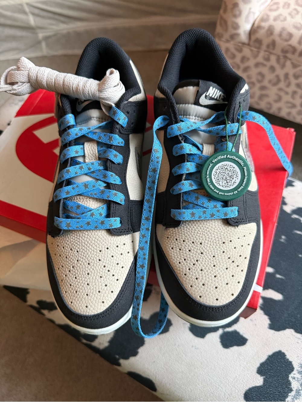 Nike Women’s Dunk Low Sneakers in Black, Cream & Blue Star Laces
